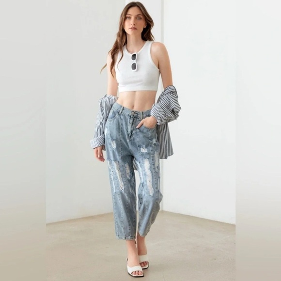 Light Blue Wash Barrel Leg High Waist Distressed Jeans - Picture 2 of 6